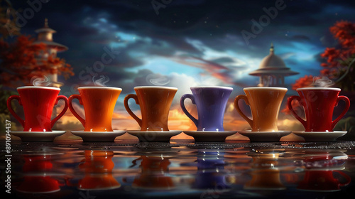   A row of coffee mugs sits atop a saucer, framed by a stunning sunset painting photo