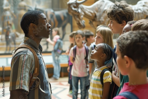 Engaging School Field Trip: Teacher Supervising Students at Museum Visit