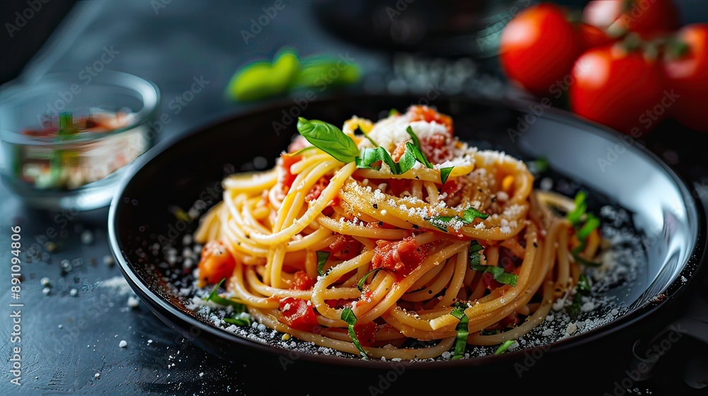 Delicious spaghetti served on a black plate Delicious spaghetti served on a black plate