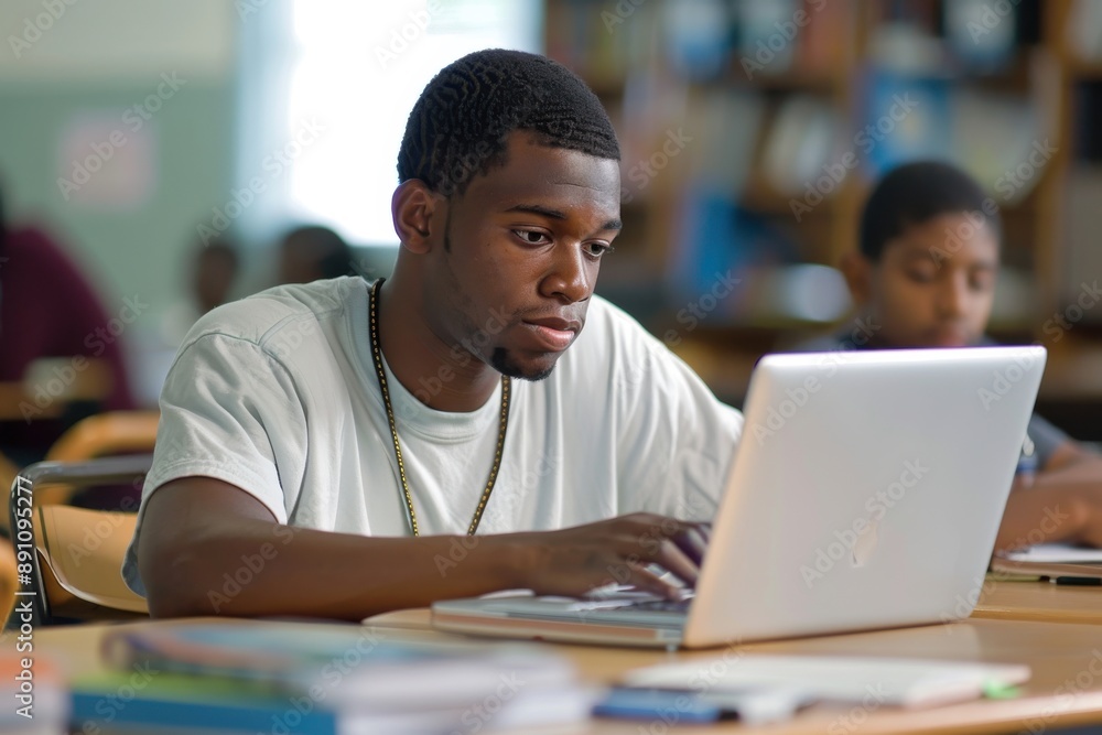 Obraz premium Dedicated Educator Working on Lesson Plans with Laptop in Classroom