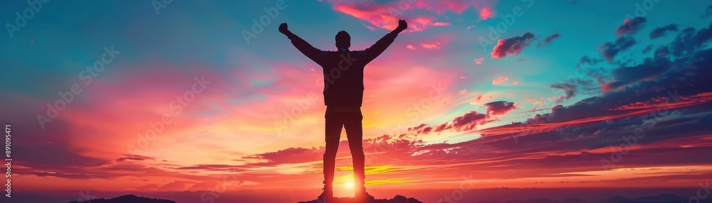 Fototapeta premium Silhouette of person celebrating victory on mountain peak at sunrise, vibrant sky, achieving success, freedom, and motivation.