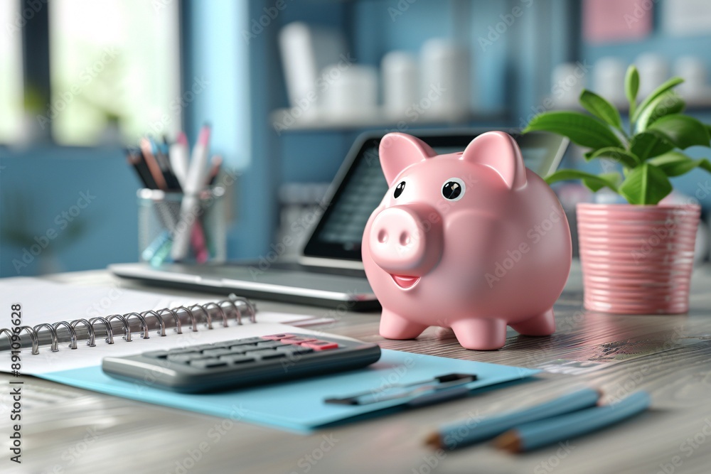 Piggy bank and financial tools on desk. Piggy bank and financial tools on desk.