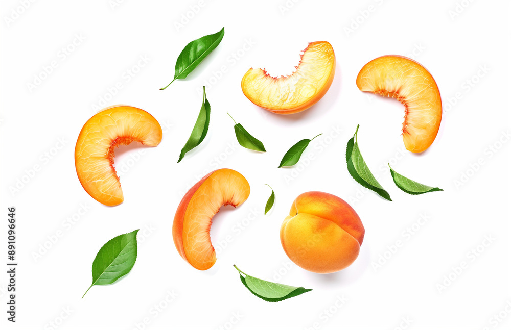 Flying Peach fruit with half slice and green leaves in the air with leaves isolated on background, Delicious fruit in summer season. Flying Peach fruit with half slice and green leaves in the air with leaves isolated on background, Delicious fruit in summer season.