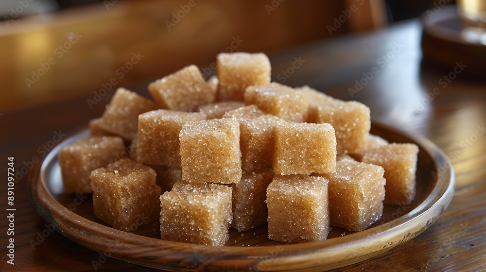 refined sugar cubes from sugar toast brown sugar on wooden plate sweet background close up refined sugar cubes from sugar toast brown sugar on wooden plate sweet background close up