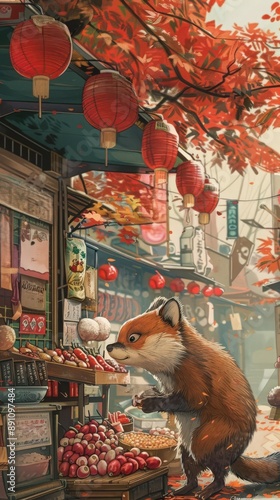 A mischievous tanuki stealing food from festival stalls