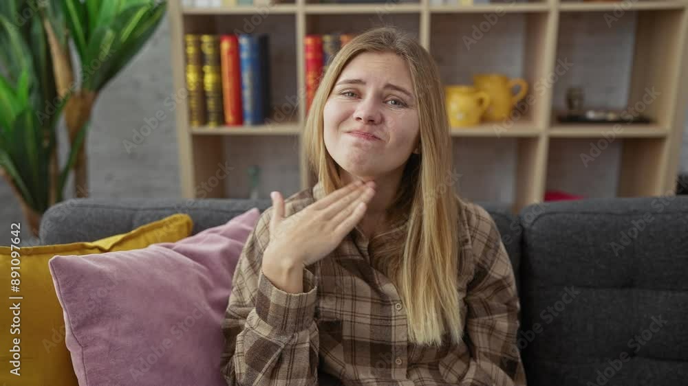 Furious blonde young woman sitting at home on sofa, cutting air by hand gesture as knife threat on throat, sign of aggression and violence Furious blonde young woman sitting at home on sofa, cutting air by hand gesture as knife threat on throat, sign of aggression and violence
