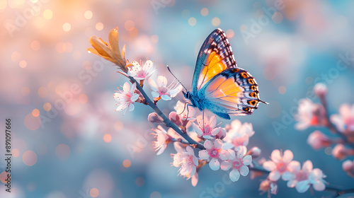 Wallpaper Mural Beautiful blue yellow butterfly in flight and branch of flowering apricot tree in spring at Sunrise on light blue and violet background macro. Elegant artistic image nature Torontodigital.ca