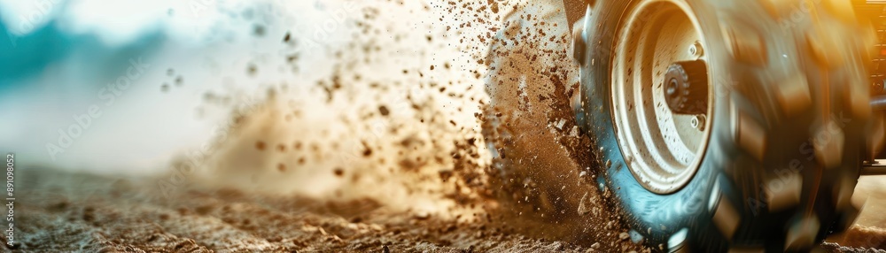 A tire is shown in the mud with a car behind it. The scene is muddy and dirty, giving off a sense of adventure and excitement A tire is shown in the mud with a car behind it. The scene is muddy and dirty, giving off a sense of adventure and excitement