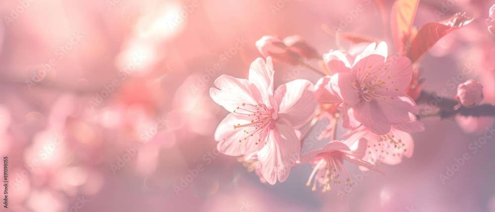 Close-up of delicate pink cherry blossoms in soft focus. Close-up of delicate pink cherry blossoms in soft focus.