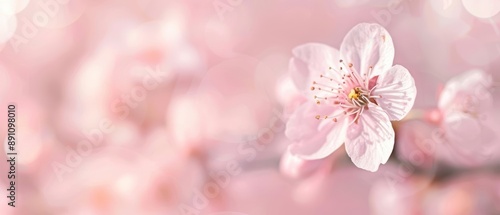 Soft pink cherry blossom flower in bloom, delicate petals, spring background