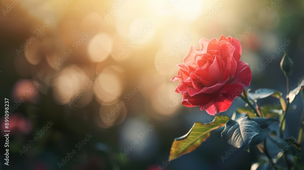 Obraz premium Single red rose blooming in the sunlight with a blurred background.