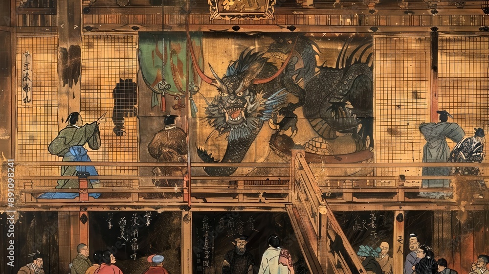 A tengu observing the performance from the rafters A tengu observing the performance from the rafters