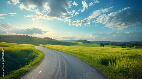 Beautiful summer rural natural landscape with fields young wheat, blue sky with clouds. Warm fresh morning and road stretching into distance. Panorama of spacious hilly area photo