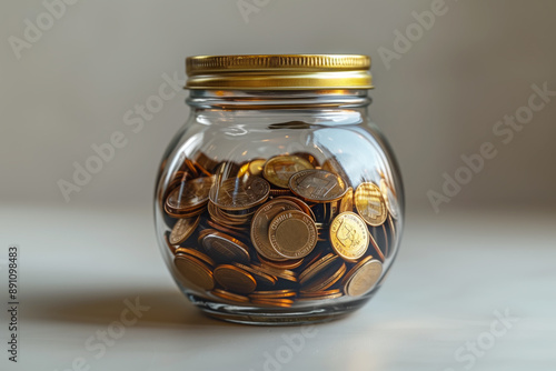 A glass jar with a lid full of coins