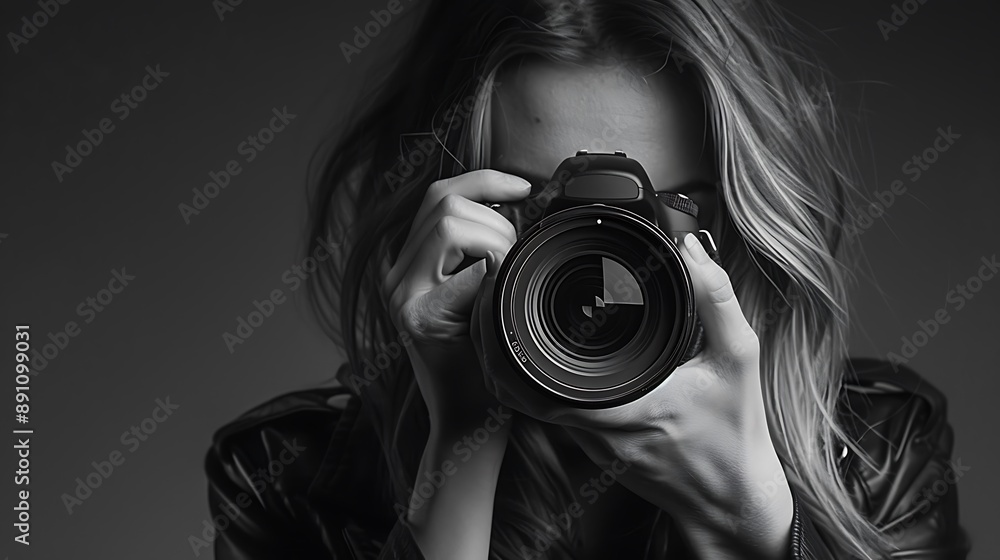 Woman Holding Camera for Concept of taking photo Professional photographer.