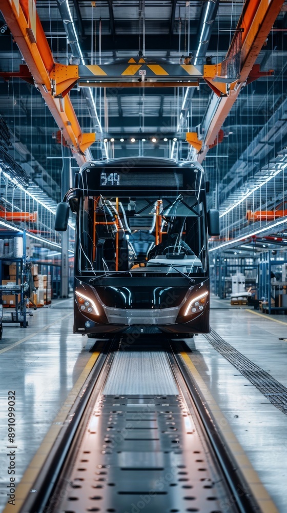 Fototapeta premium Futuristic Electric Bus Manufacturing: Abstract Visualization of Automated Assembly Line in EV Factory. High-Tech Production of Self-Driving Public Transit Vehicles. Sustainable Transportation Revolut