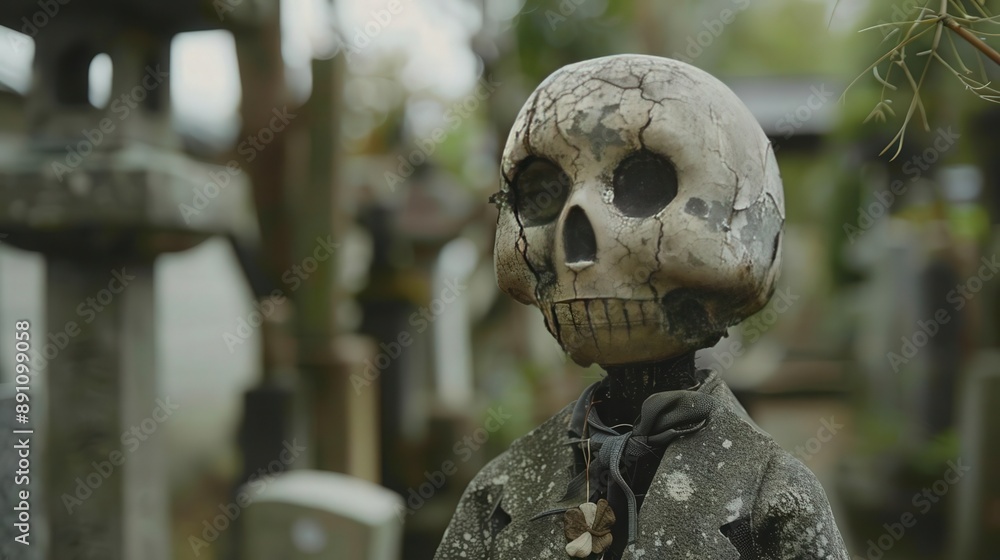 A weathered skull statue stands amidst ancient gravestones, capturing an eerie yet fascinating glimpse into the world of tomb artistry. A weathered skull statue stands amidst ancient gravestones, capturing an eerie yet fascinating glimpse into the world of tomb artistry.