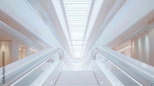 Modern Minimalist White Escalator Interior Design - The image features a modern white escalator in a minimalist interior design. The bright white walls and ceiling create a sense of spaciousness, whil