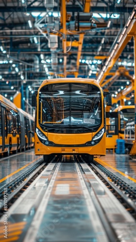 Futuristic Electric Bus Manufacturing: Abstract Visualization of Automated Assembly Line in EV Factory. High-Tech Production of Self-Driving Public Transit Vehicles. Sustainable Transportation Revolut photo