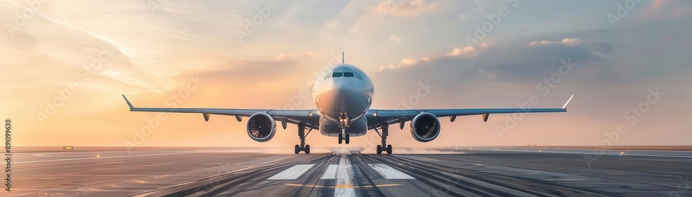 A commercial airplane on the runway at sunrise, ready for takeoff. The sky is painted with soft hues, depicting a serene and hopeful moment. A commercial airplane on the runway at sunrise, ready for takeoff. The sky is painted with soft hues, depicting a serene and hopeful moment.