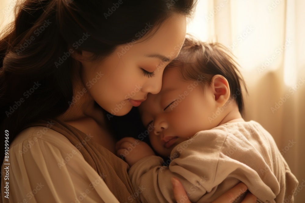 Asian mother kissing her little baby sleeping portrait newborn. . Asian mother kissing her little baby sleeping portrait newborn. .