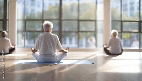 Three senior people meditating in a yoga studio, practicing mindfulness and relaxation. Free Download Three senior people meditating in a yoga studio, practicing mindfulness and relaxation. - GFXLoad