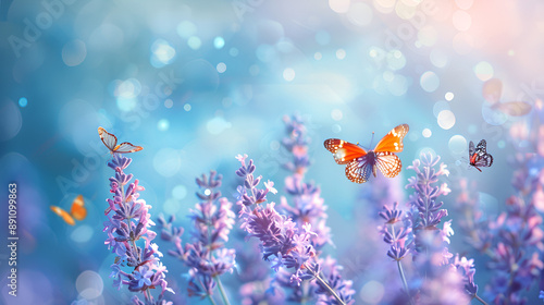 Floral spring natural blue background with fluffy airy lilac flowers on meadow and fluttering butterflies on blue sky background. Dreamy gentle air artistic image. Soft focus