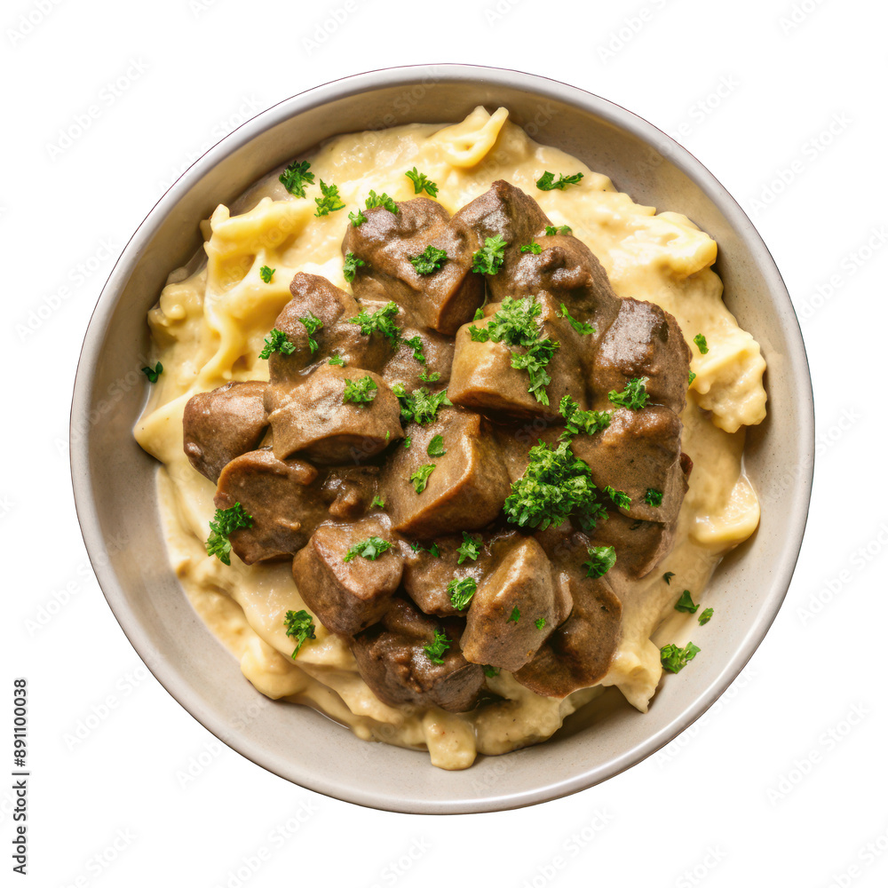 Portion of restaurant beef stroganoff with mashed potato on white bowl on transparent Portion of restaurant beef stroganoff with mashed potato on white bowl on transparent