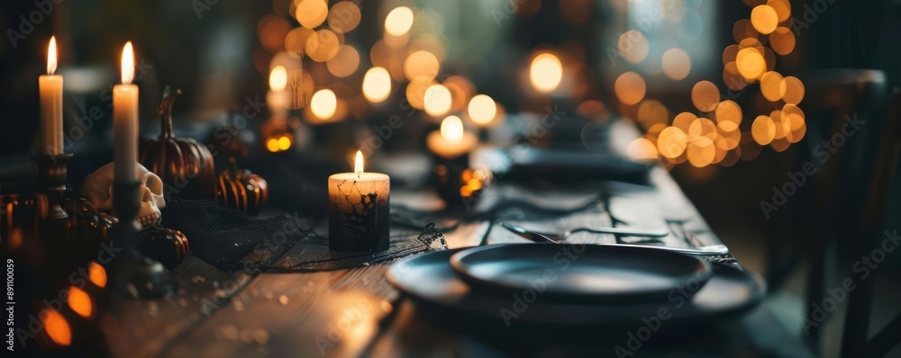 Candles and plate on a table with a blurry background of warm lights. Candles and plate on a table with a blurry background of warm lights.
