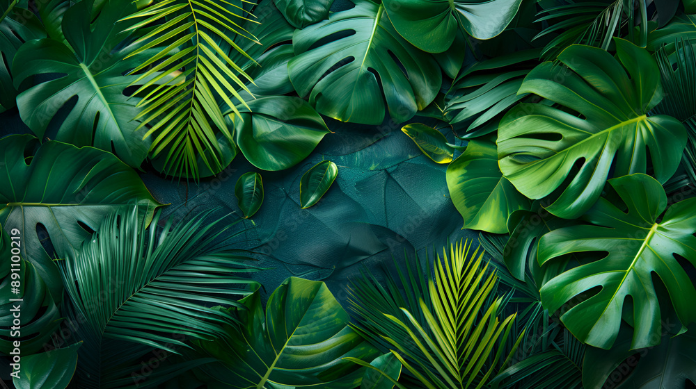 Fototapeta premium Green tropical leaves of Monstera, fern, and palm fronds the rainforest foliage plant bush floral arrangement on dark background, natural leaf texture nature background