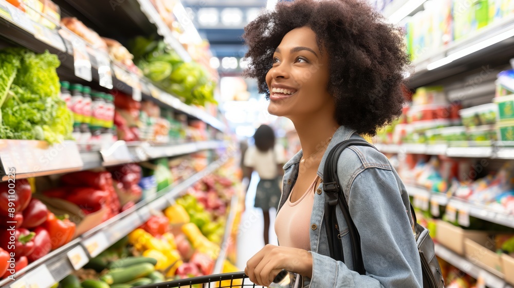 A cheerful woman happily chooses fresh fruits and veggies at a supermarkets produce section while on a trip for nutritious and organic food, displaying a healthconscious shopping routine A cheerful woman happily chooses fresh fruits and veggies at a supermarkets produce section while on a trip for nutritious and organic food, displaying a healthconscious shopping routine