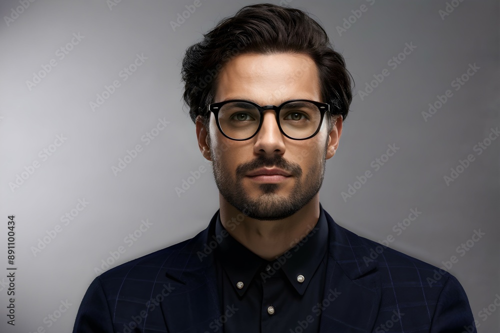 man in blue shirt, plaid jacket, and glasses, grey background man in blue shirt, plaid jacket, and glasses, grey background
