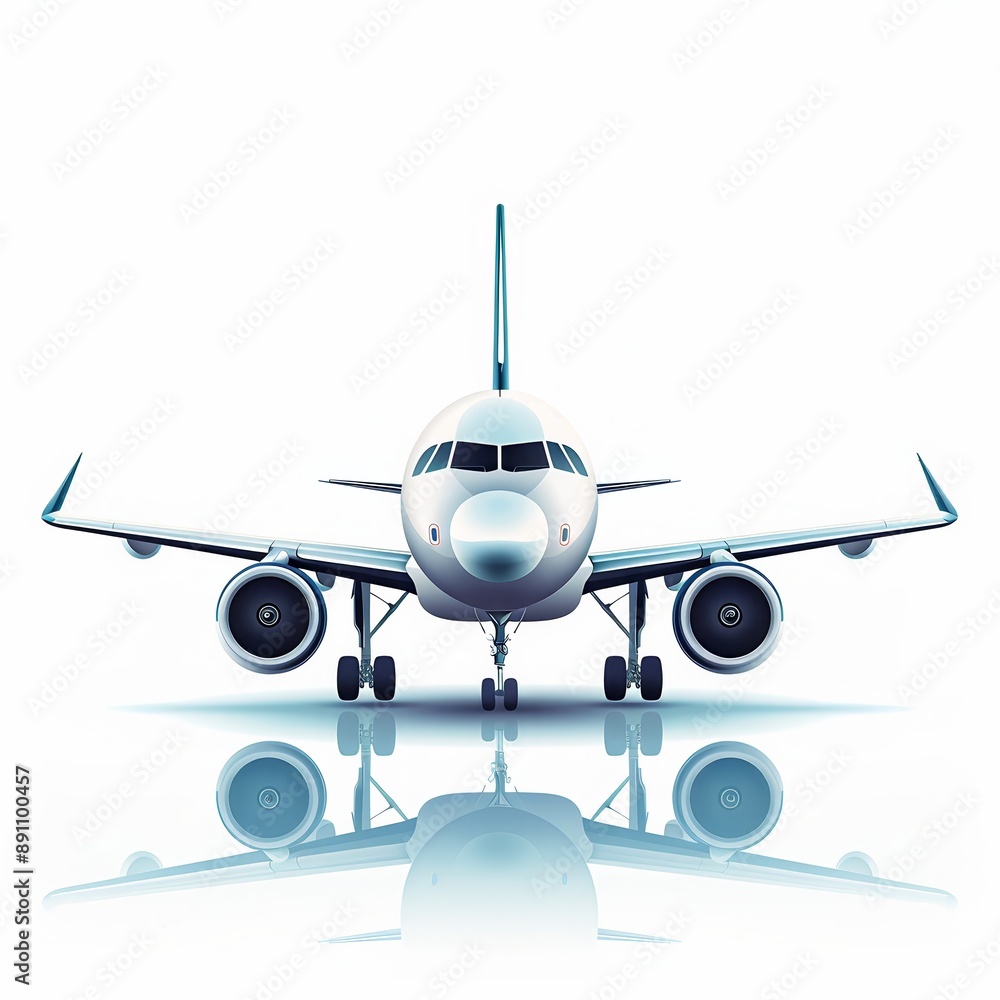 Front view of a commercial airplane isolated on white background, showcasing aviation and modern air travel. Front view of a commercial airplane isolated on white background, showcasing aviation and modern air travel.