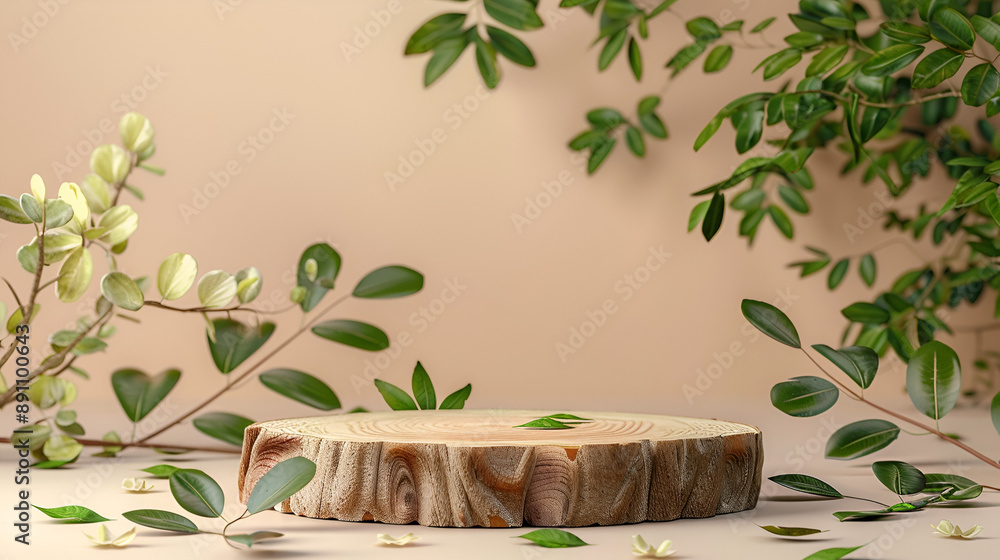 Minimal modern product display on neutral beige background. Wood slice podium and green leaves. Concept scene stage showcase for new product, promotion sale, banner, presentation, cosmetic Minimal modern product display on neutral beige background. Wood slice podium and green leaves. Concept scene stage showcase for new product, promotion sale, banner, presentation, cosmetic