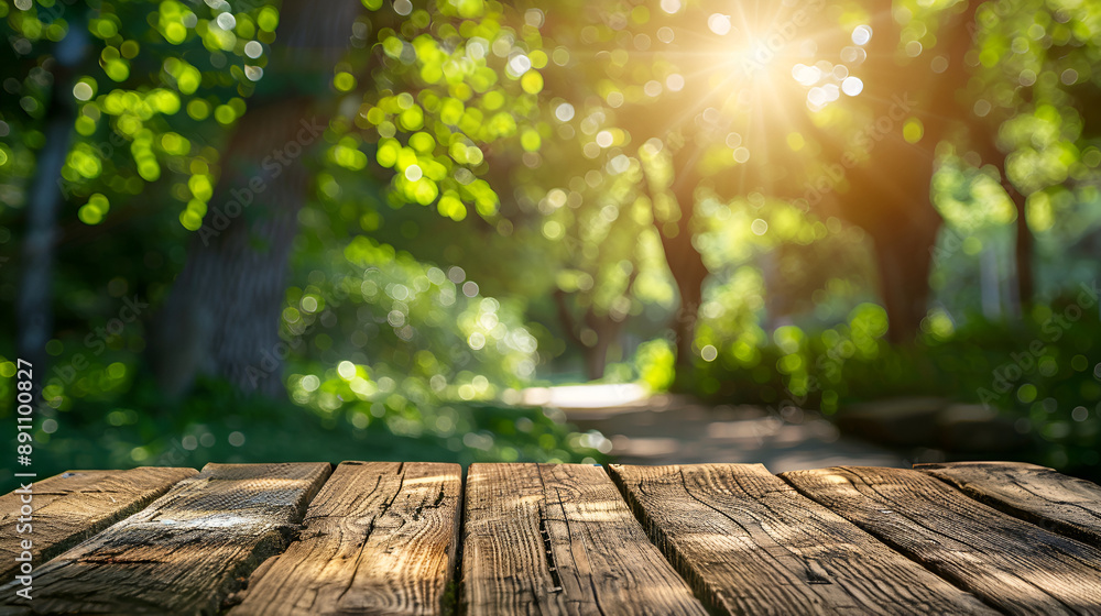 Nature background and table wood for product display template, Empty wooden table and sack tablecloth over blur green tree at park, garden outdoor with bokeh light background Nature background and table wood for product display template, Empty wooden table and sack tablecloth over blur green tree at park, garden outdoor with bokeh light background