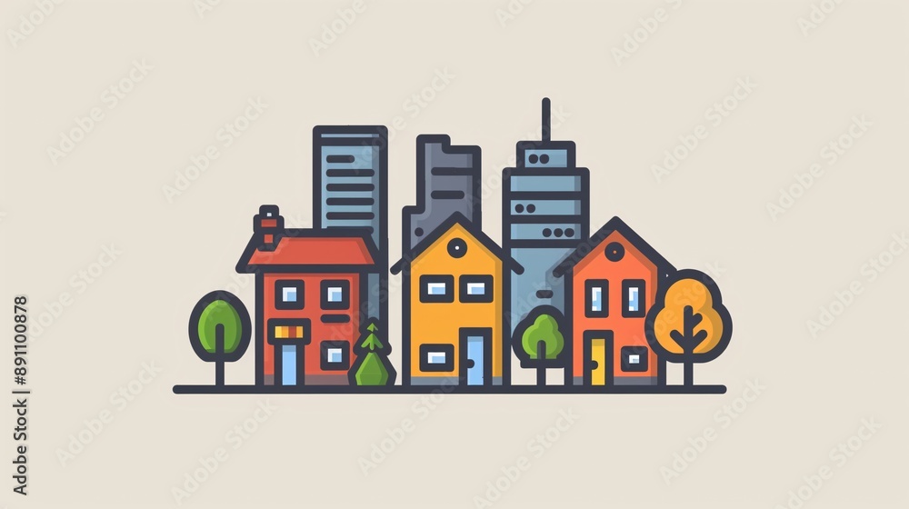 A collection of symbols representing various buildings in a city, including homes, businesses, and medical facilities. A collection of symbols representing various buildings in a city, including homes, businesses, and medical facilities.