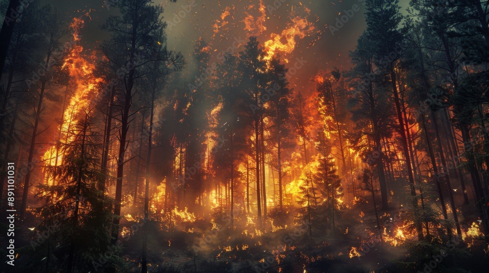 Intense forest fires ravaged the wilderness, engulfing tall trees on both sides in blazing red and yellow flames. Smoke rises from the flames, and all details are perfectly presented. Intense forest fires ravaged the wilderness, engulfing tall trees on both sides in blazing red and yellow flames. Smoke rises from the flames, and all details are perfectly presented.