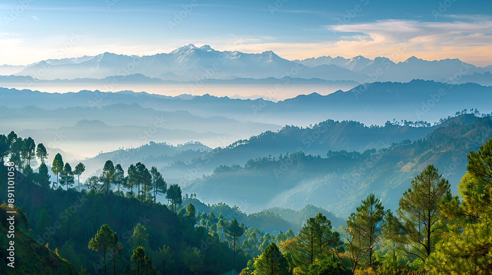 Panoramic landscape of great Himalayas mountain range during an autumn morning from Kausani also known as 'Switzerland of India' a hill station in Bageshwar district, Uttarakhand, India Panoramic landscape of great Himalayas mountain range during an autumn morning from Kausani also known as 'Switzerland of India' a hill station in Bageshwar district, Uttarakhand, India