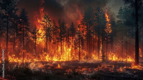 Intense forest fires ravaged the wilderness, engulfing tall trees on both sides in blazing red and yellow flames. Smoke rises from the flames, and all details are perfectly presented.