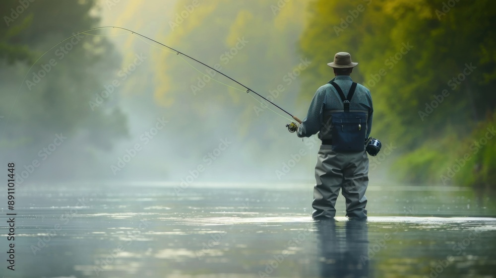 Man Fly Fishing in Serene Misty River