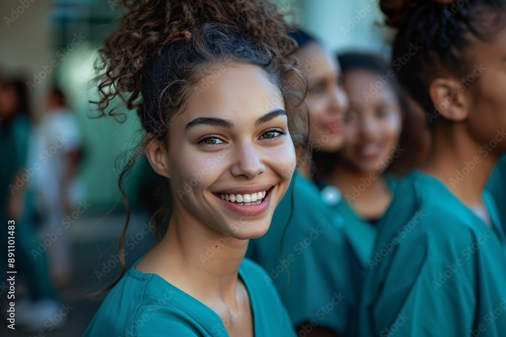 Fototapeta premium Diverse female medical students happily leave training class in scrubs.