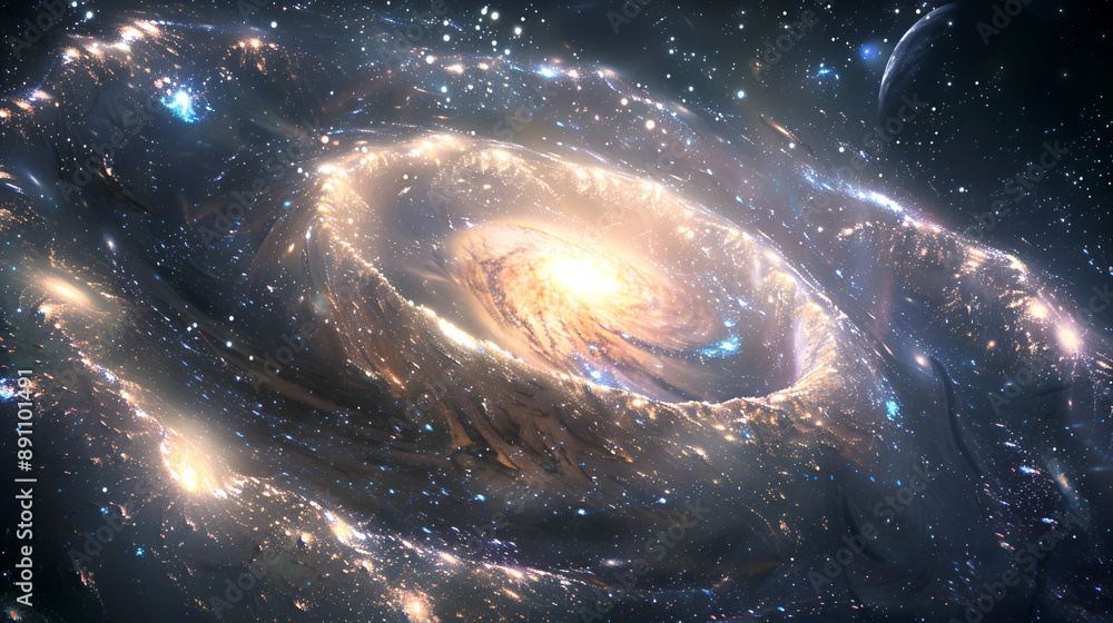 Fototapeta premium Spiral galaxy, interstellar scenery, galaxies, planets, space, futuristic world, space world, starscapes, interstellar, comets, asteroids in the outer space, dark background
