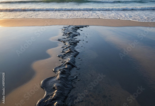  Oil spill marring a pristine beach.  photo