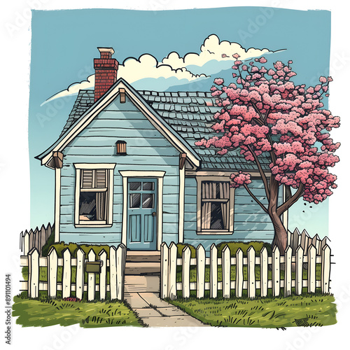 Cartoon style drawing of a small light blue house with a white wooden fence.