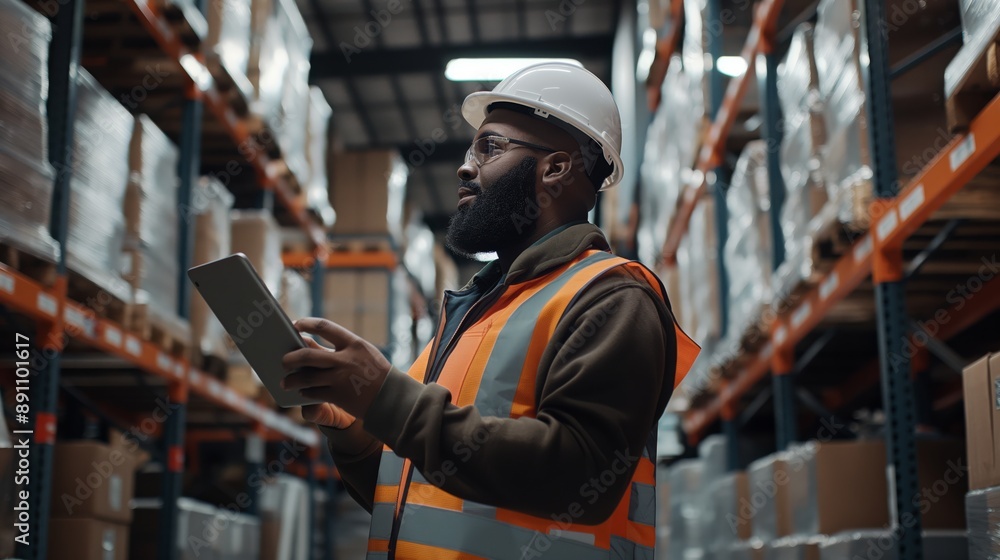 Warehouse worker using a tablet to manage inventory, ensuring efficiency in logistics. Safety gear such as hard hat is essential in this industrial setting for stock control and distribution Warehouse worker using a tablet to manage inventory, ensuring efficiency in logistics. Safety gear such as hard hat is essential in this industrial setting for stock control and distribution
