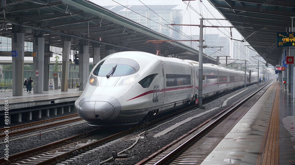 The high-speed electric train is stopping at the station. The high-speed electric train is stopping at the station.