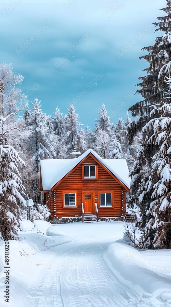 A cozy log cabin surrounded by snow-covered pine trees A cozy log cabin surrounded by snow-covered pine trees