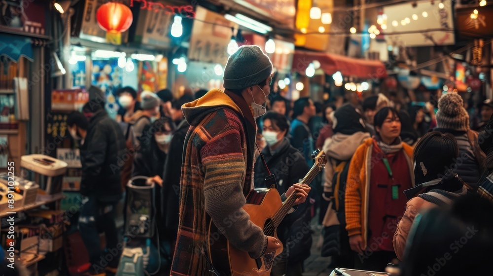 A street performer entertaining crowds in a crowded Asian market A street performer entertaining crowds in a crowded Asian market