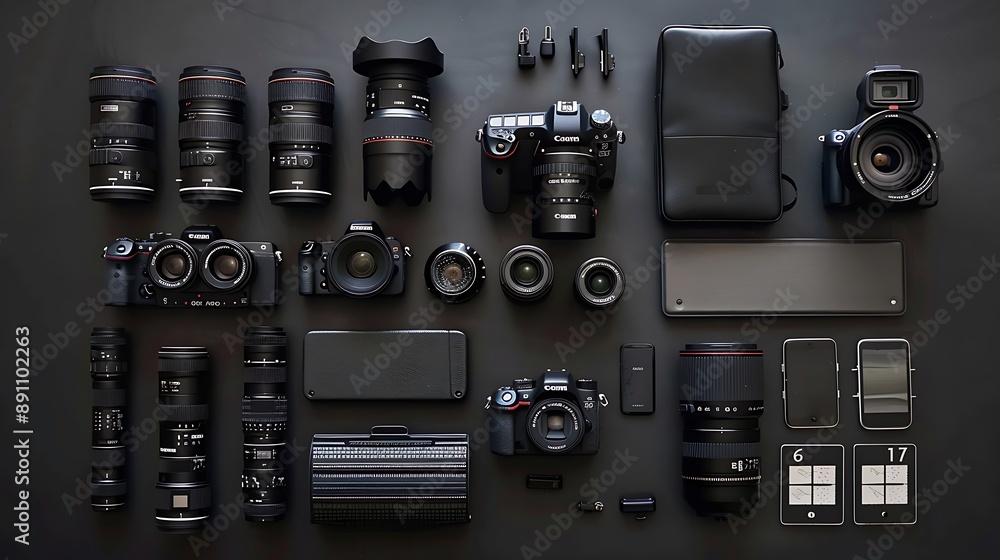 Flat lay composition Set of cameras Video Photography Equipment on Wooden Table for Professional Photographer Accessories Concept.