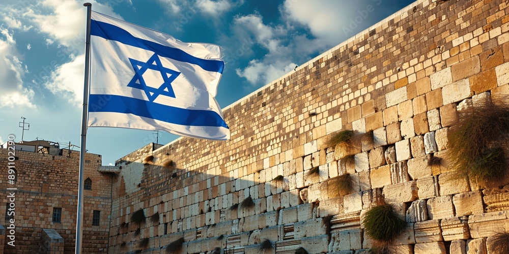 Fototapeta premium The banner of Israel waving near the Western wall in Jerusalem.